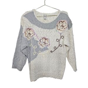 Vintage  Sweater 80's Floral Margules Women Sz M Acrilic Retro Gray-Cream Knit